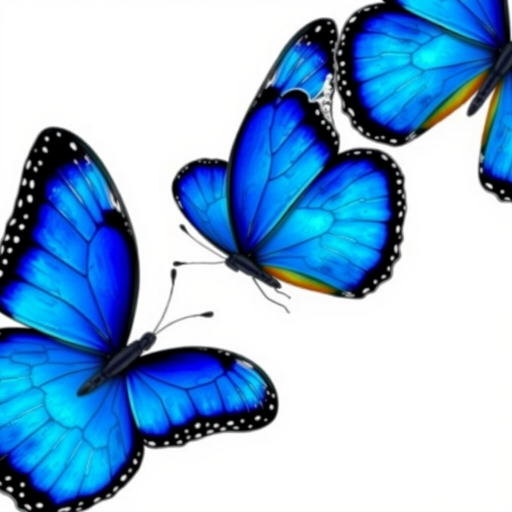 Generate an image of three butterflies with vibrant blue wings and delicate details. The butterflies should be positioned in various angles, showcasing their intricate patterns and colors against a plain background.