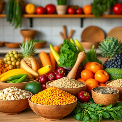 Capture a vibrant kitchen scene with an abundance of colorful fruits, vegetables, and grains arranged in wooden bowls, using a Canon EOS R5 at f/2.8, ISO 100, 50mm lens, natural lighting, and a shallow depth of field for enhanced image quality.