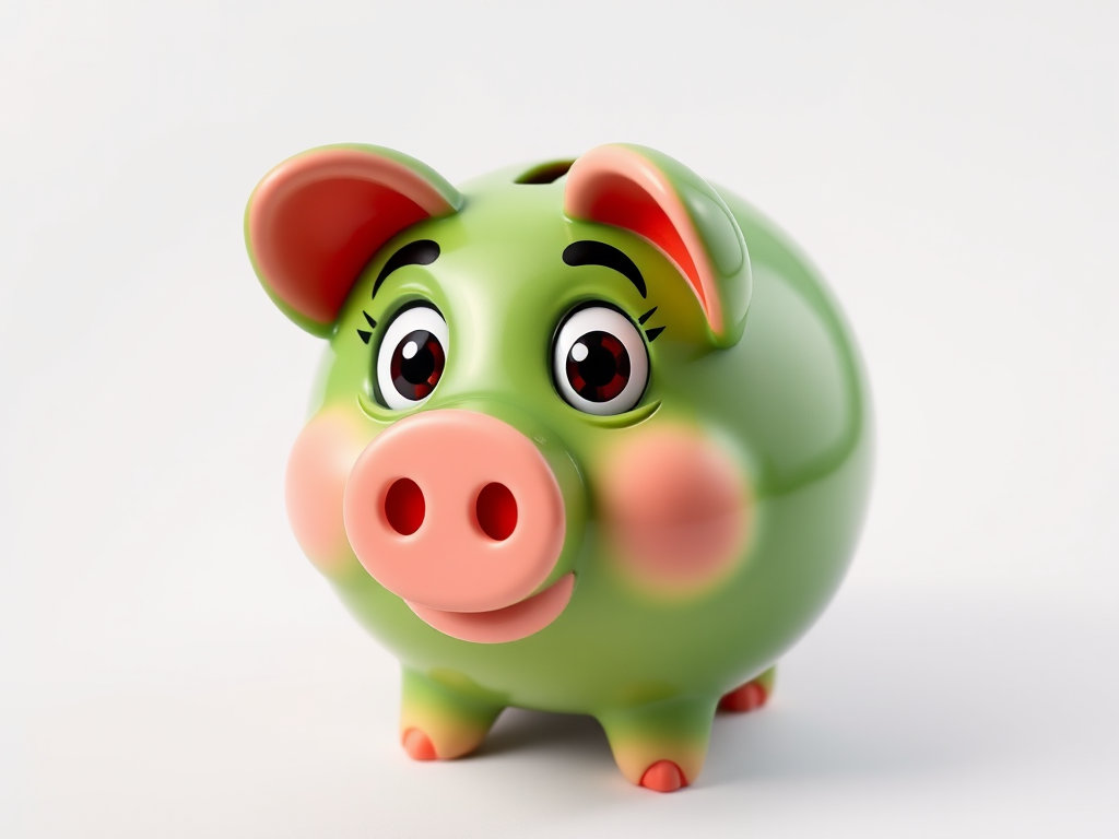 a cute cartoon piggy bank with exaggerated features, vibrant green color with red ears, smooth surface with soft shadows, 50mm lens, f/2.8 aperture, 1/125 second shutter speed, shot from a slightly elevated angle on a white background, softbox lighting for even illumination