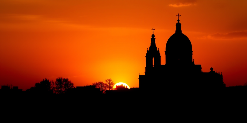 Create an abstract, textured silhouette of a cathedral against a vibrant orange sunset, using a DSLR camera with a 50mm lens, aperture set to f/1.8, ISO at 100, shutter speed of 1/250 sec, in a landscape view with a soft focus style.