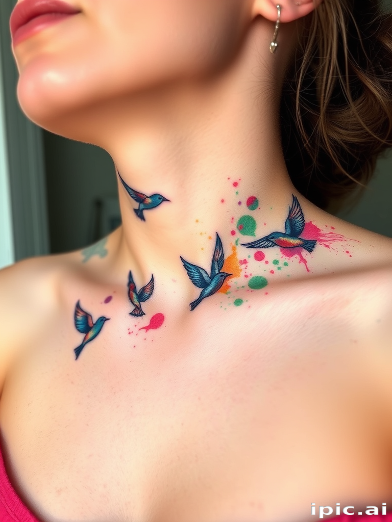 Whimsical watercolor body tattoo depicting a flock of birds in flight across the collarbone and chest, with splashes of vibrant color and loose, flowing lines