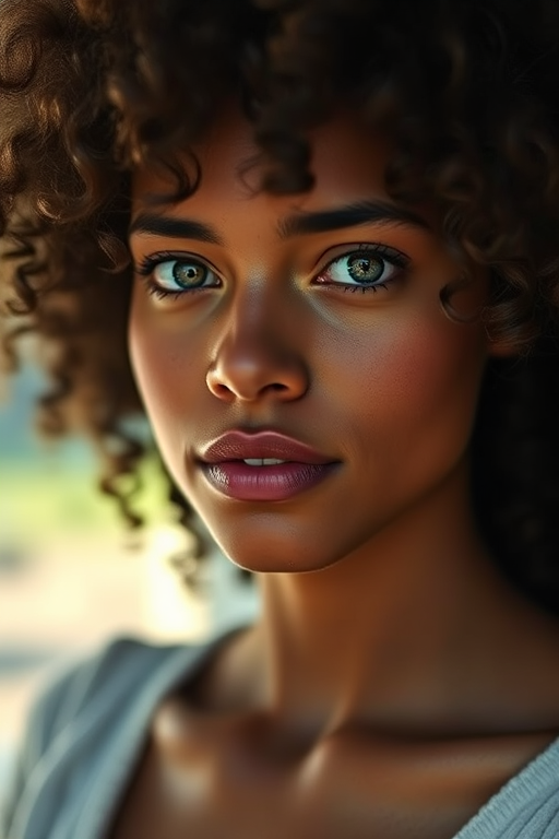 portrait of a woman with curly hair, soft lighting, shallow depth of field, 85mm lens, f/1.8, ISO 100, natural light, Canon EOS R5