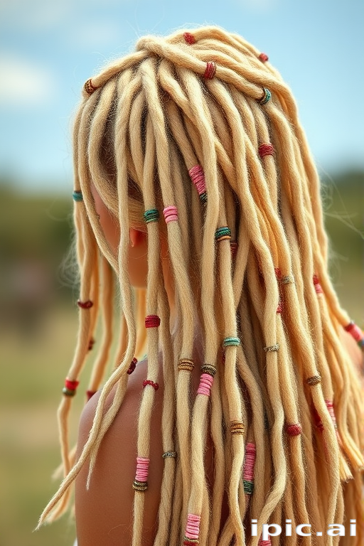 Boho-chic hair style showcasing sun-bleached blonde dreadlocks adorned with colorful threads and beads for a free-spirited look