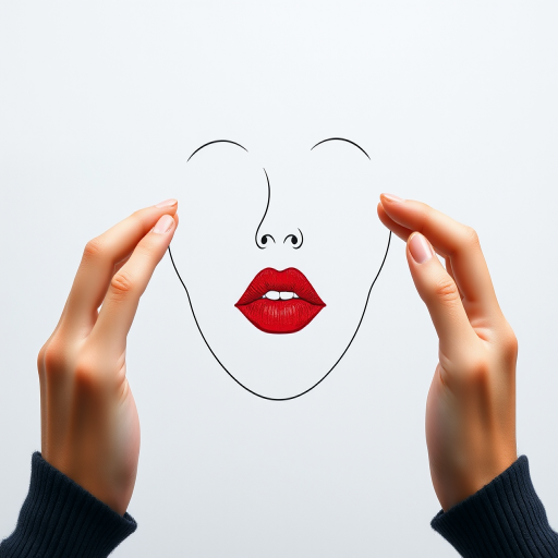 A minimalist line drawing of a face with red lips framed by two hands, shot with a Canon EOS R5, 85mm lens, f/1.8 aperture, ISO 100, in a bright studio setting with soft lighting for enhanced contrast and clarity.