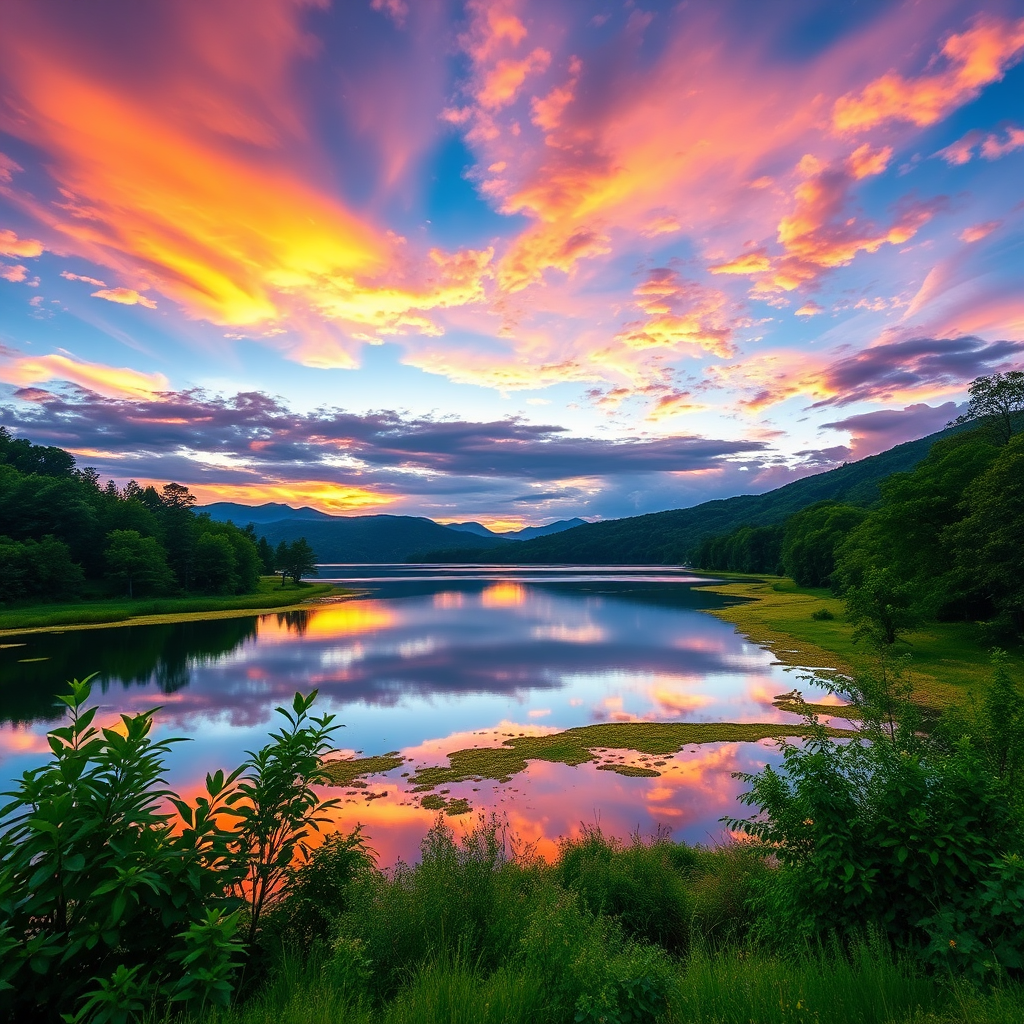 Create a high-resolution image of a serene landscape at sunset, featuring a calm lake reflecting the vibrant colors of the sky, with lush greenery on the shores, using a DSLR camera with a 24mm lens, aperture set to f/8, ISO 100, and a shutter speed of 1/125 sec, shot from a low angle to emphasize the foreground.