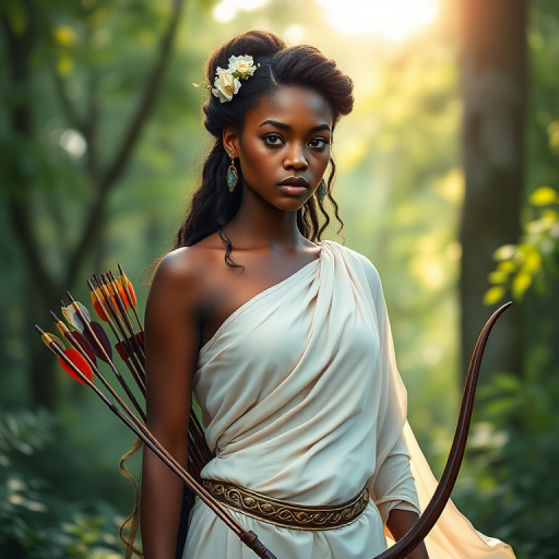 Create a portrait of a goddess-like Afro-Caribbean girl figure in a tranquil, forested environment. She has an elegant appearance with long, wavy hair styled in an updo and adorned with a delicate, floral headband. She wears a flowing, ancient Greek-inspired gown in a soft, pale color, featuring a one-shoulder design and draped fabric that accentuates her graceful form. The outfit includes a decorative belt with ornate gold detailing, and she holds a bow in her hand, with a quiver of arrows slung over her shoulder. The background depicts lush greenery, with sunlight filtering through the trees, casting a gentle, ethereal light on the scene. Her expression is calm and contemplative, embodying a sense of wisdom and serenity.