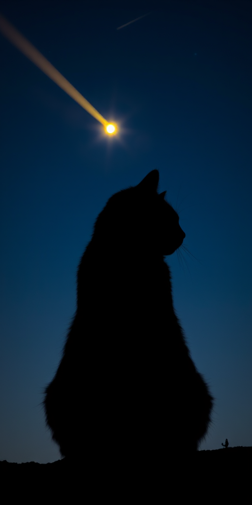 A silhouette of a cat sitting against a deep blue night sky with a bright yellow shooting star, captured with a DSLR camera at f/2.8 aperture, ISO 200, 50mm lens, in a soft-focus style for a dreamy effect.