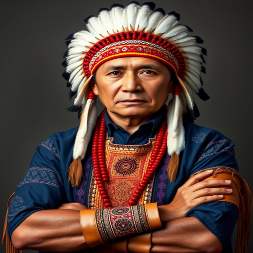 Create a dignified portrait of a Native American man dressed in traditional attire. He wears a beautifully crafted headdress adorned with white feathers and red beads, along with a beaded headband featuring intricate patterns. His clothing includes a deep blue, patterned shirt and a traditional chest piece with detailed beadwork. His arms are crossed, displaying leather armbands decorated with feathers. The background is simple and neutral, emphasizing his proud and stoic expression. The overall image captures the rich cultural heritage and strength of his persona.