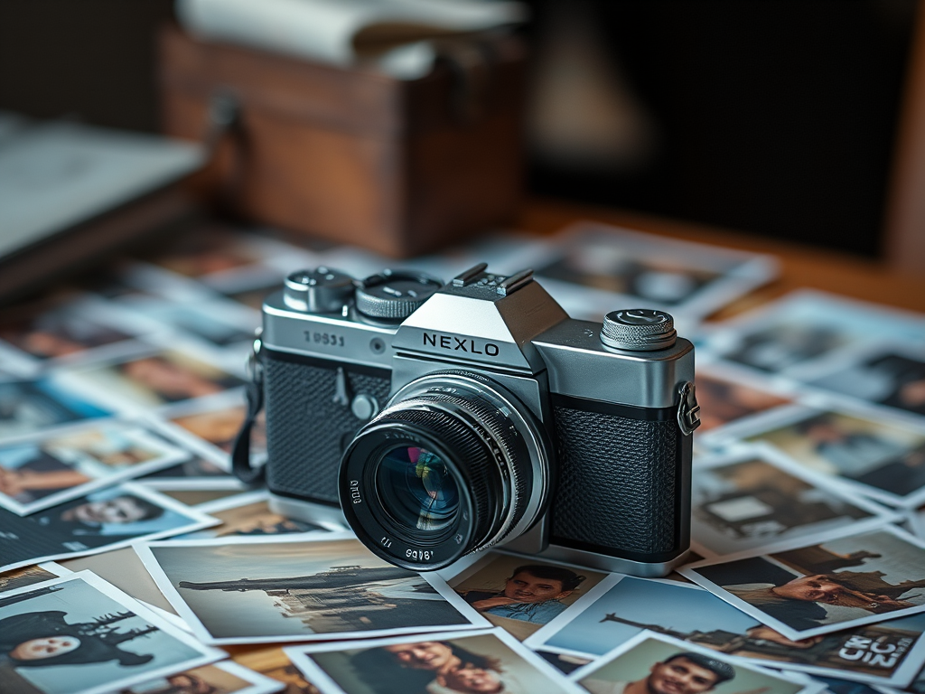 Regenerate an image of a vintage camera placed on a table surrounded by scattered photographs, with a depth of field effect, using a DSLR camera with a 50mm lens, aperture set to f/1.8, ISO 100, and a shutter speed of 1/125s for enhanced clarity and detail.