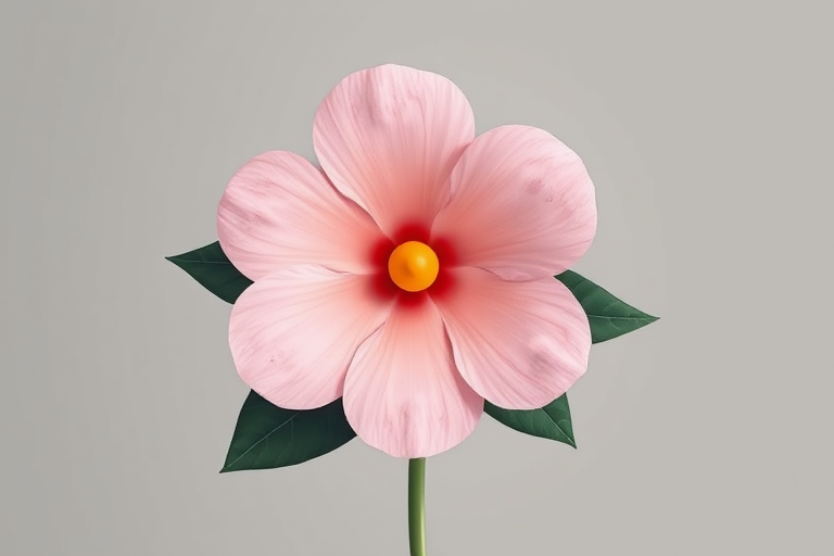 Create a high-resolution digital illustration of a large, stylized flower with soft pink petals and a central orange dot, accompanied by dark green leaves, against a muted gray background, using a DSLR camera with a 50mm lens, f/2.8 aperture, 1/125 sec shutter speed, and natural lighting for enhanced color vibrancy and detail.