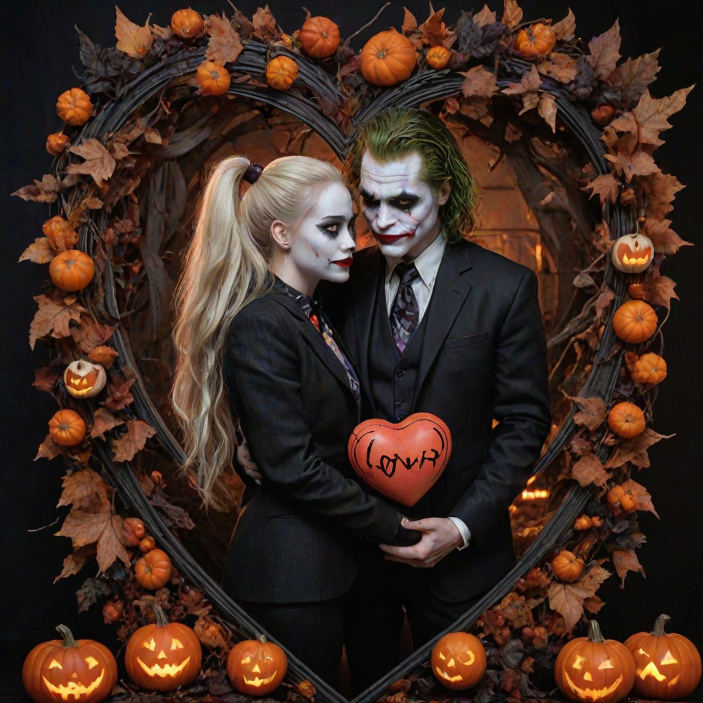 The Joker, neat, wearing a black suit and a beautiful Harley Quinn with long hair, both romantic, hugging and cuddling in the middle of a neon linen black heart frame decorated with dead leaves, bats, and small pumpkins, with a label at the bottom that reads 'Mad Love' made of linen, in a photo realistic style.