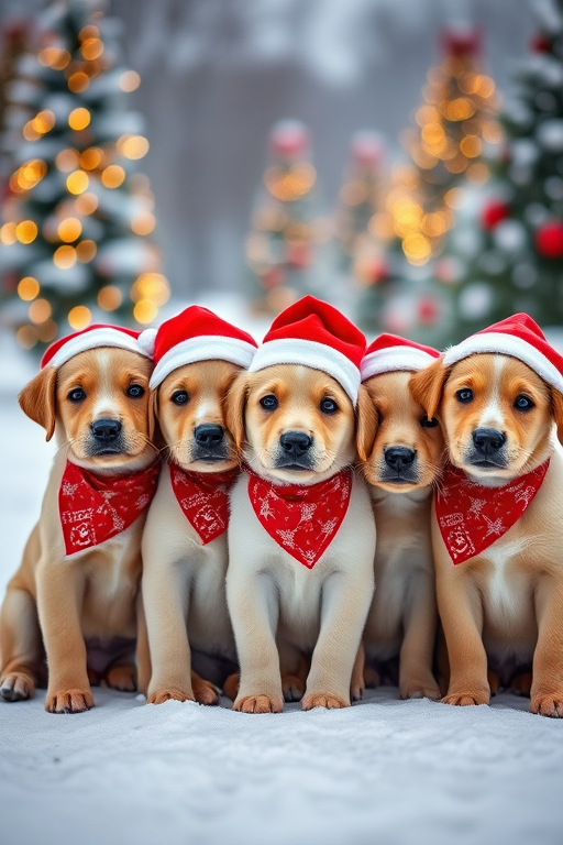 five adorable puppies wearing red Christmas hats and bandanas, sitting together on a snowy surface with Christmas trees and lights in the background, 85mm lens, f/2.8 aperture, ISO 200, shot from eye level, soft bokeh effect, DSLR camera
