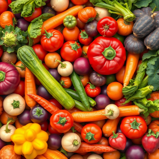 Create a vibrant illustration of a vegetable pile with rich colors, using a DSLR camera with a 50mm lens, f/1.8 aperture, ISO 100, shot from a top-down view to enhance detail and texture.