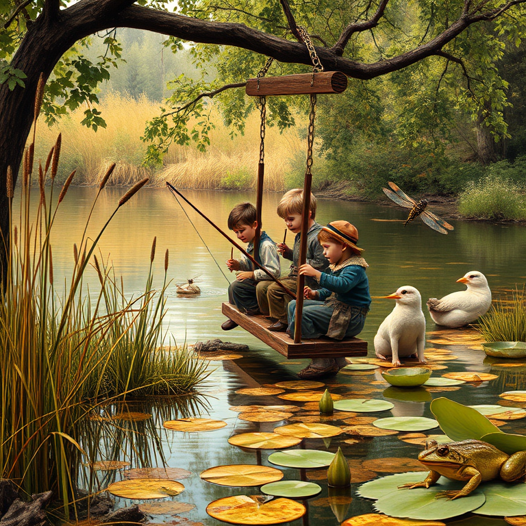 Imagine a small group of old fashioned young boys out fishing by the creek, a swing hanging from a tree branch, reeds and grasses by the water's edge, a frog sitting on a lily pad, dragonflies hovering over som water plans, a very iconic old fashioned scene reminiscent of a Norman Rockwell painting style
