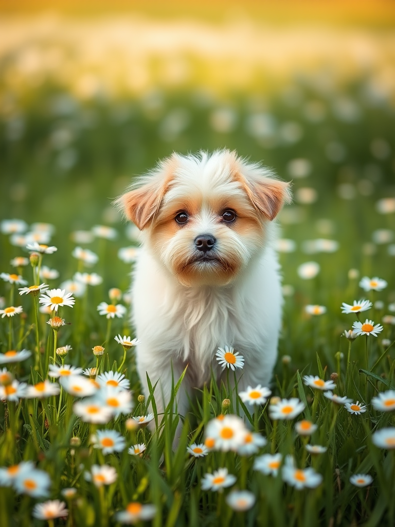 A fluffy dog standing amidst white daisies in a lush green field, captured in soft natural light with a shallow depth of field, using a DSLR camera at f/2.8, ISO 200, and 1/500s shutter speed for enhanced clarity and focus.