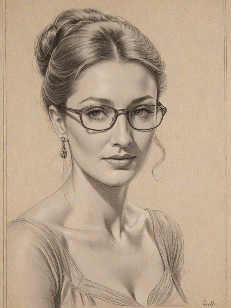 Elegant Jane Seymour, pencil sketch, portrait of Dazzling woman 1938s in glasses, hair style beatnik, outline, clear lines, fine lines, 8k