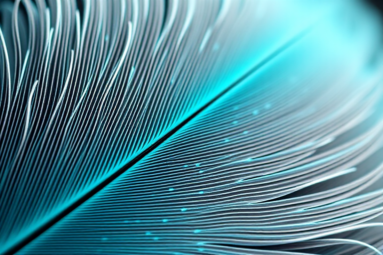 Create a high-resolution image of a stylized feather with turquoise and gray colors, using a Canon EOS R5, 50mm lens, f/1.8 aperture, ISO 100, shot in natural light for enhanced detail and vivid colors.
