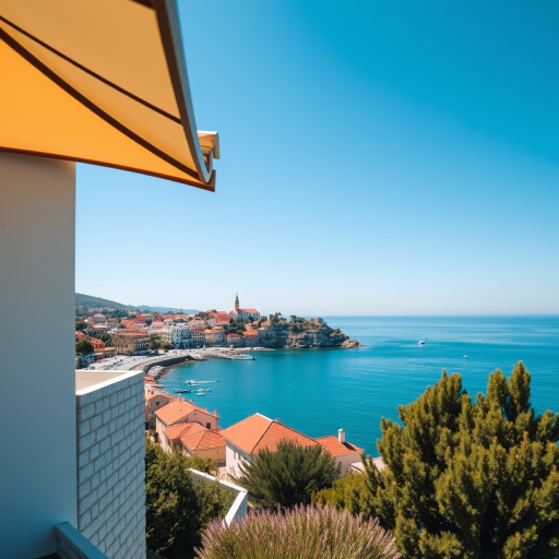 capture a scenic view of a coastal village on a sunny day with clear blue skies and calm waters, using a DSLR camera with a 24mm lens, aperture f/8, ISO 100, and a shutter speed of 1/200s to enhance image quality, taken from a slight elevation to showcase the architecture and landscape.