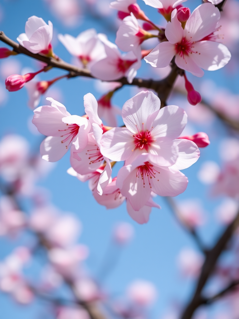 regenerate a close-up image of cherry blossoms against a blue sky with a shallow depth of field, using a DSLR camera with a 50mm lens at f/1.8, ISO 100, and a shutter speed of 1/250s, focusing on the delicate pink petals and their intricate details.