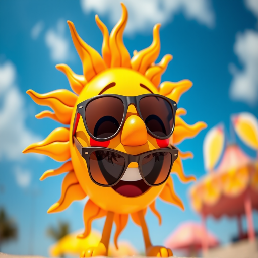 Create a vibrant cartoon sun character wearing sunglasses, with a cheerful expression, high-resolution, shot with a Canon EOS R5, aperture f/2.8, ISO 100, 50mm lens, eye-level view, bright and colorful style.