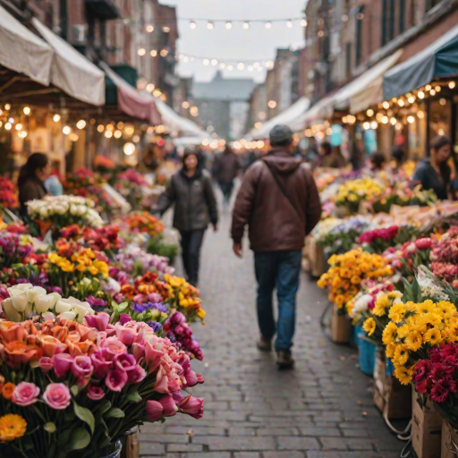 Blurry candid shot of a street vendor selling colorful bouquets at a bustling farmer's market, soft glow from nearby string lights illuminating the vibrant petals, with distant pedestrians milling about.