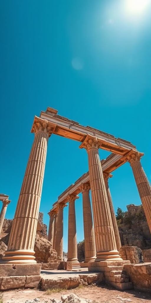 capture an ancient ruin with weathered stone columns and fragmented structures under a bright blue sky, use a Canon EOS 5D Mark IV with a 24-70mm f/2.8 lens, aperture f/8, ISO 100, shutter speed 1/200 sec, shoot from a low angle to emphasize the structure, use a wide-angle view for depth and detail.