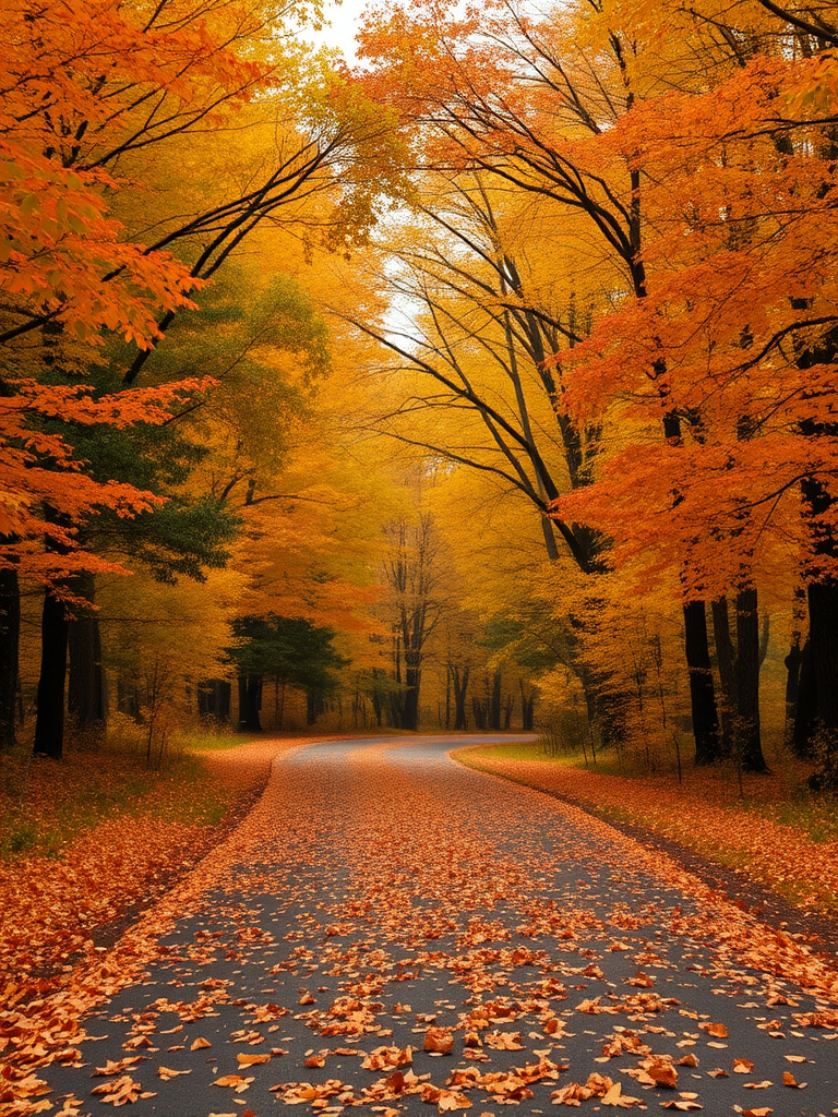 A scenic autumn road surrounded by vibrant trees with orange and yellow leaves carpeting the ground creating a tranquil and picturesque atmosphere