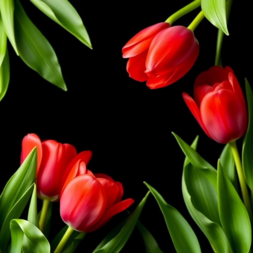 Create a vibrant floral border featuring large red tulips with green leaves on a black background, taken with a DSLR camera at f/2.8 aperture, 50mm lens, natural lighting, and a slight vignette effect to enhance depth.