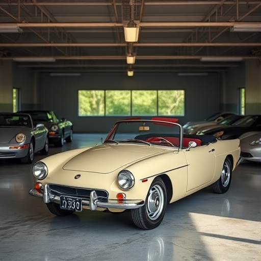Capture a vintage convertible parked in a sleek, modern garage with luxury cars, using a DSLR camera at f/4 aperture, ISO 200, 24mm lens, in natural light, focusing on the car with a shallow depth of field to enhance details and textures.