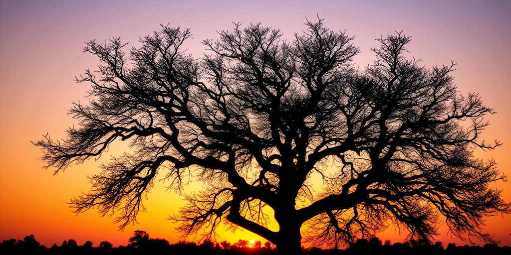 Create a high-resolution silhouette of a tree on a sunset background, captured with a Canon EOS R5, 50mm lens, aperture f/1.8, ISO 200, at a low angle to enhance the color gradient in the sky.
