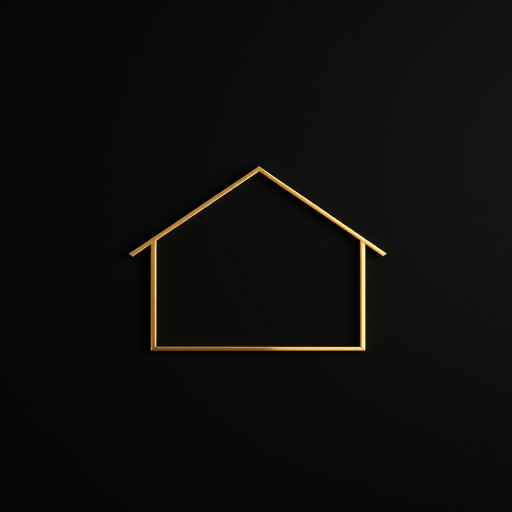 Create a high-resolution image of a minimalist house outline with a sleek gold finish against a black background, using a DSLR camera with a 50mm lens, aperture f/1.8, ISO 100, and a shallow depth of field to enhance details and focus.