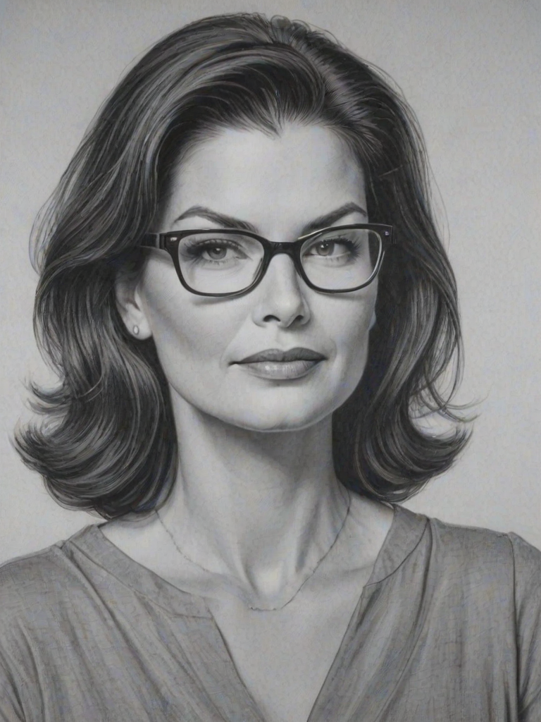 Lovely Sela Ward, pencil sketch, portrait of Alluring woman 1955s in glasses, hair style beatnik, outline, clear lines, fine lines, 8k