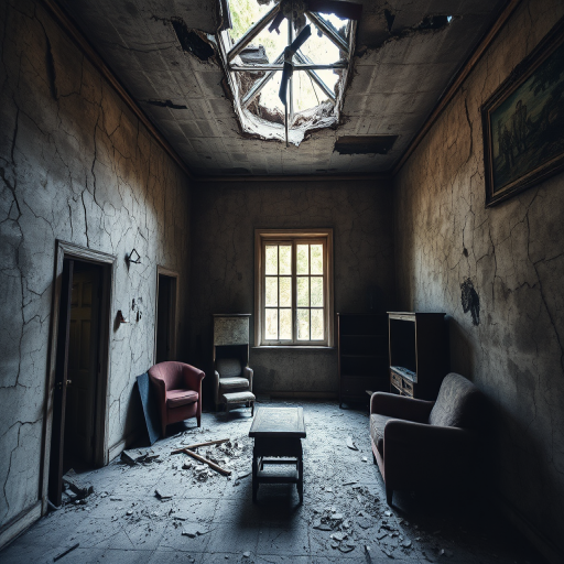 dilapidated interior of an abandoned house with cracked walls, broken furniture, and eerie shadows, natural light filtering through a broken roof, camera settings: ISO 100, aperture f/8, shutter speed 1/60s, camera view: wide-angle, camera style: moody and atmospheric, camera type: DSLR