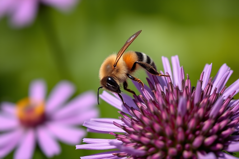 macro shot of a bee on a purple flower with a blurred green background, aperture f/2.8, ISO 100, shutter speed 1/200s, 50mm lens, DSLR camera, natural lighting