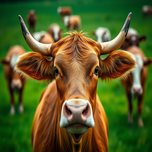 close-up of a brown cow with prominent horns in a green field with blurred cows in the background, captured with a Canon EOS 5D Mark IV, 50mm lens, f/2.8 aperture, ISO 100, natural light, shallow depth of field