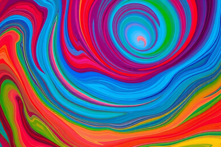 Create an abstract image with vibrant swirling colors of red, blue, green, and yellow, using a Canon EOS R5, f/8 aperture, 1/60 sec shutter speed, ISO 100, shot from a close-up perspective to enhance detail and depth, focusing on smooth gradients and dynamic flow in a painterly style.