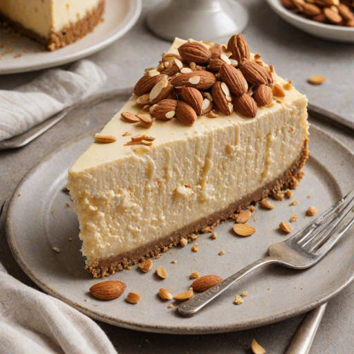 Regenerate the image of a delicious cheesecake with a creamy texture, topped with sliced almonds and resting on a crumbly crust. The cheesecake should look rich and inviting, showcasing its layers and toppings.
