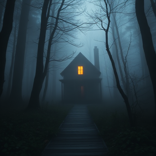 Generate a misty forest scene with a creepy house illuminated by a single yellow window, a wooden pathway leading to the house, soft focus, taken with a DSLR camera at f/2.8, ISO 400, 30mm focal length, natural light, shot from a low angle to enhance depth and atmosphere.