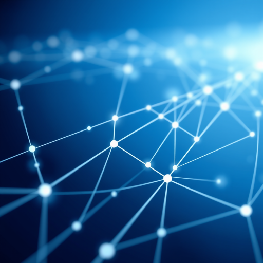 Generate a high-resolution abstract digital network background with interconnected white lines and dots on a smooth gradient blue background, using a 50mm lens, f/2.8 aperture, ISO 100, and soft focus photography style.