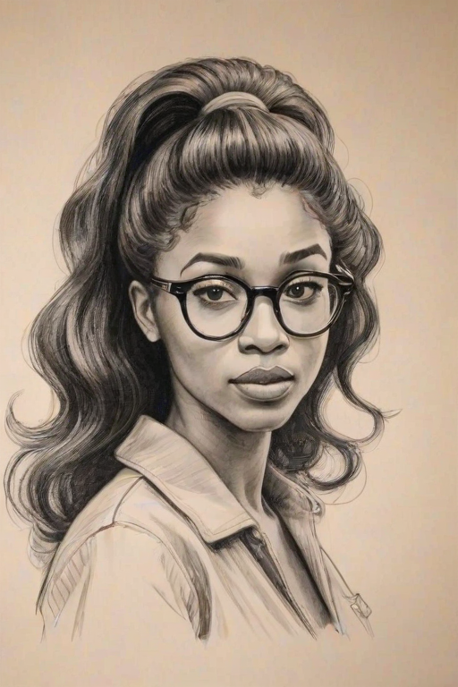 Fetching SZA, pencil sketch, portrait of Radiant woman 1947s in glasses, hair style beatnik, outline, clear lines, fine lines, 8k