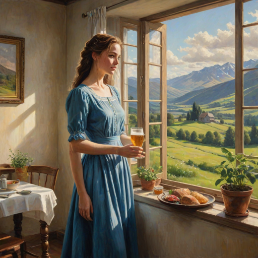 In "A Glass of Beer on the Highland," a serene scene is depicted in a sunlit room where a woman in a vibrant blue dress stands by a large window. She holds a tray with a hearty meal and a frothy glass of beer, embodying a moment of relaxation. Outside, the breathtaking highland landscape features rolling green hills and a charming traditional house, all bathed in warm afternoon light. The interior is adorned with potted plants, creating a harmonious blend of comfort and nature. The painting beautifully captures the tranquility and joy found in simple pleasures amidst stunning scenery