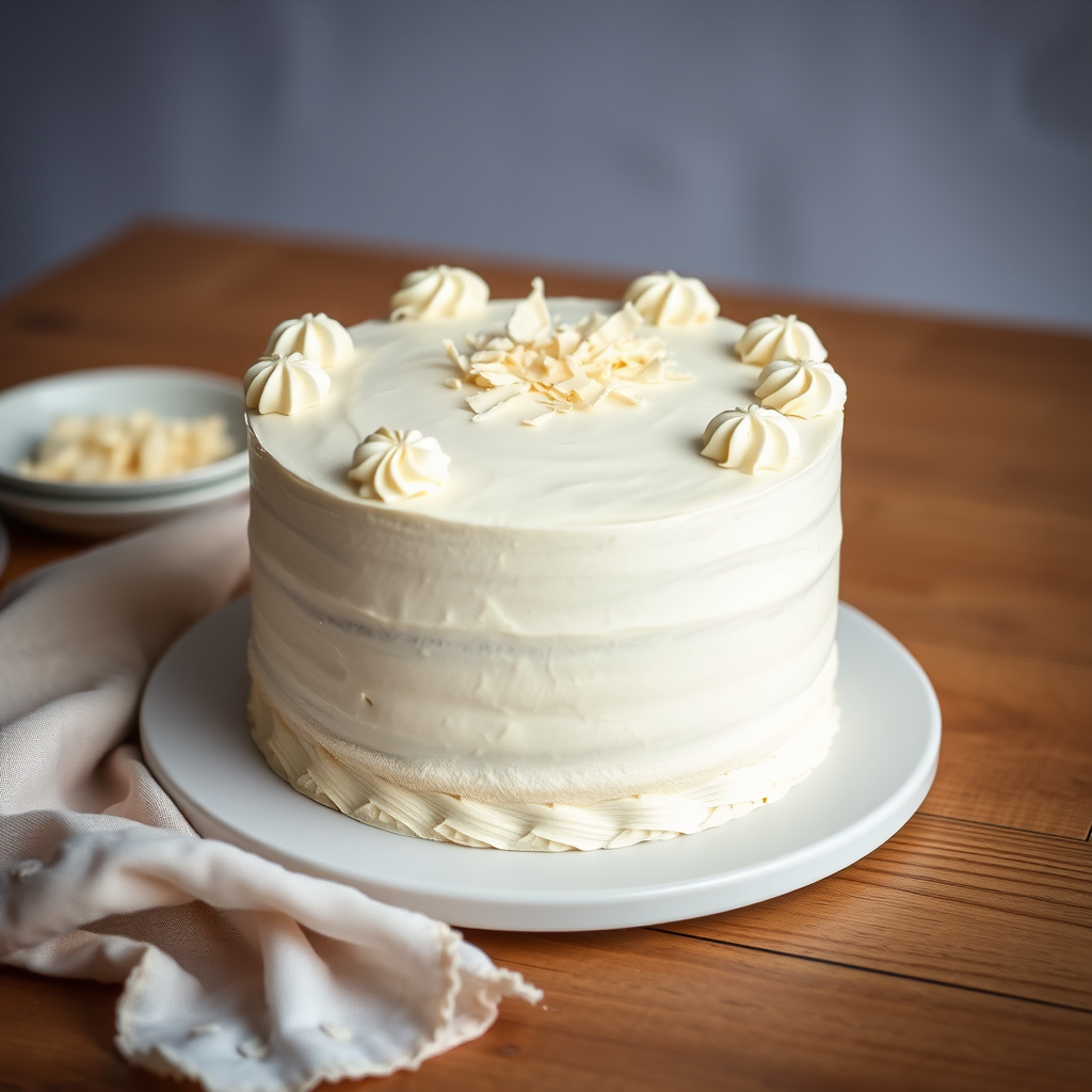 Create an image of a round white cake with smooth icing and decorative swirls on the top and bottom edges set on a white plate on a wooden table with a soft cloth beside it. The cake should have a textured finish on the sides and be topped with small white chocolate shavings. The background should be softly blurred to emphasize the cake.