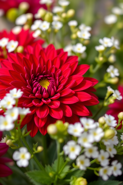 Close-up shot of a vibrant red chrysanthemum surrounded by delicate white flowers and green foliage, natural lighting, f/2.8, 1/200s, ISO 200, 50mm lens, DSLR camera, shallow depth of field for a soft background blur.