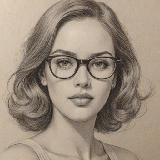 Graceful Eiza Gonz'lez, pencil sketch, portrait of Delightful woman 1935s in glasses, hair style beatnik, outline, clear lines, fine lines, 8k
