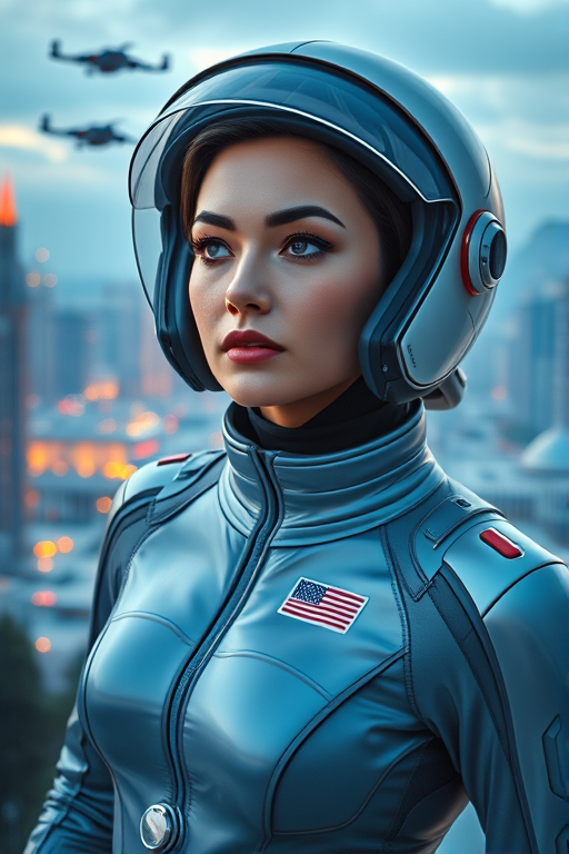 Create a high-resolution retro-futuristic image of a woman in a sleek space suit with a futuristic helmet, focusing on her confident expression against a backdrop of a utopian city and flying vehicles, shot with a Canon EOS R5 at f/2.8, ISO 100, 1/200s, using a wide-angle lens, soft lighting for a dreamy effect.