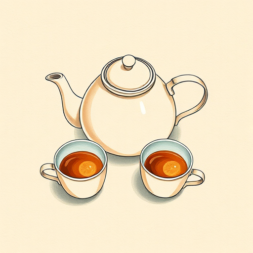 create a hand-drawn illustration of a teapot and two cups on a textured beige background, shot with a Canon EOS R5, 50mm lens, f/2.8 aperture, natural soft lighting, top-down view, watercolor style to enhance image quality