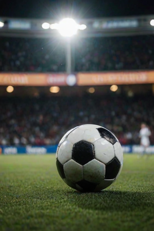 Blurry action shot of a soccer ball just about to be kicked during a nighttime game, stadium lights shining brightly overhead, and the faint outline of cheering fans in the background.