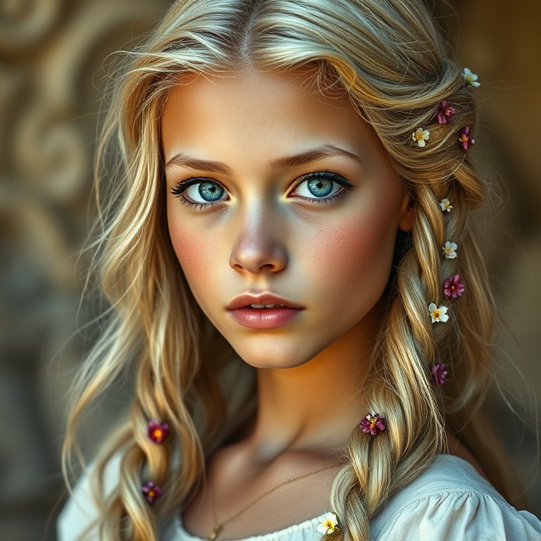 Create an image of a young Hausa woman with long, wavy blonde hair, adorned with small, colorful flowers woven into her braids and loose strands. Her complexion is fair, with soft, glowing skin, and she has light blue eyes that gaze softly at the viewer. She wears a light, flowing dress with a gentle, ethereal quality, complementing her delicate and serene appearance. The background is slightly blurred, drawing focus to her tranquil expression and the intricate details of the flowers in her hair. The overall mood of the image is one of natural beauty and grace, evoking a sense of peacefulness and connection with nature.