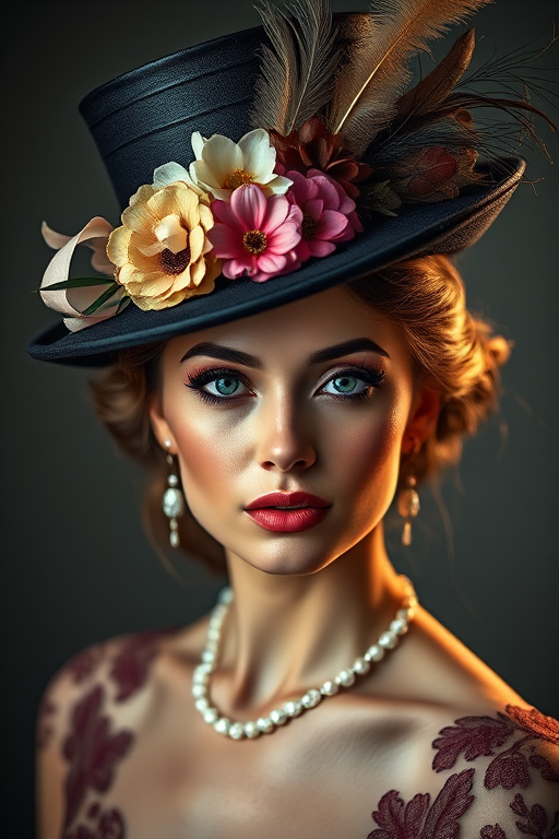 portrait of an elegant woman wearing a vintage top hat adorned with flowers and feathers, soft and dramatic lighting, aperture f/1.8, ISO 100, 85mm lens, shallow depth of field, studio setting, high contrast colors, hyper-realistic style, Canon EOS R5