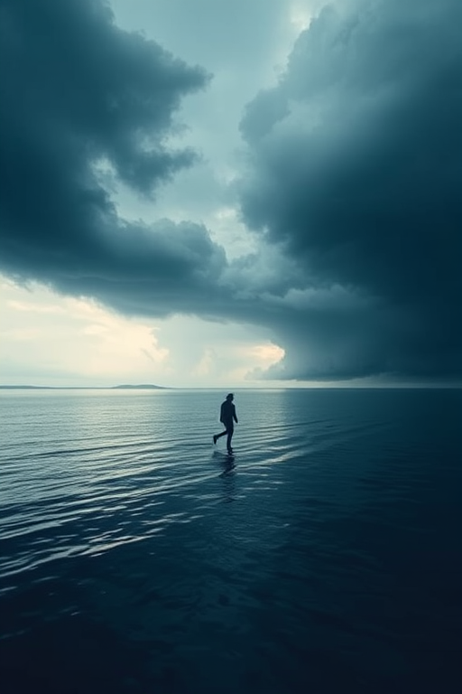 depict a serene figure walking on water amidst dramatic storm clouds, soft diffused lighting, high dynamic range, use a full-frame DSLR camera with a 50mm lens, aperture f/1.8, ISO 100, shutter speed 1/200s, ensure vibrant colors and high resolution